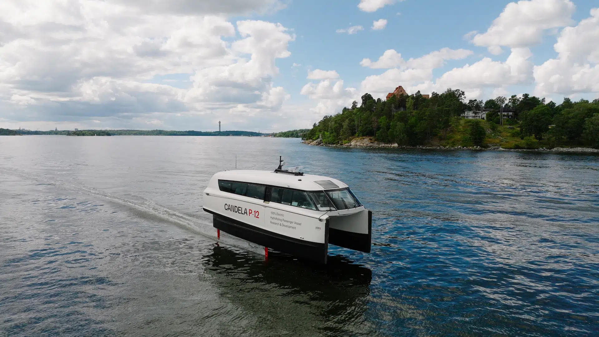 Decorative image of the Candela P-12 Shuttle showing the environmental benefits of connected electric boats